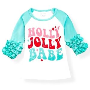 Kids 4-5Y Holly Jolly Babe LS White & Teal Ruffle Cuffs Baseball Raglan Tee